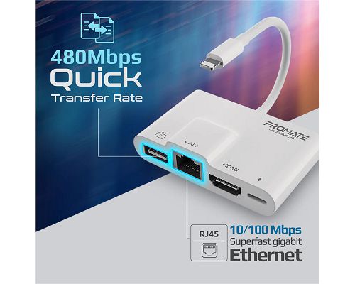 Adaptador PROMATE MediaSync-LT Lightning a USB HDMI 4K Lightning LAN 100Mbps