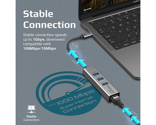Adaptador PROMATE GigaHub-C USB-C a 3 USB LAN 1000Mbps