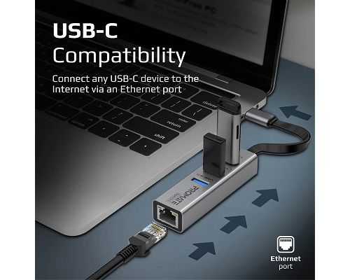 Adaptador PROMATE GigaHub-C USB-C a 3 USB LAN 1000Mbps
