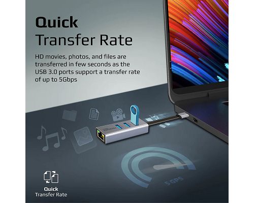 Adaptador PROMATE GigaHub-C USB-C a 3 USB LAN 1000Mbps