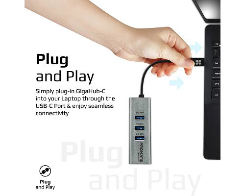 Adaptador PROMATE GigaHub-C USB-C a 3 USB LAN 1000Mbps