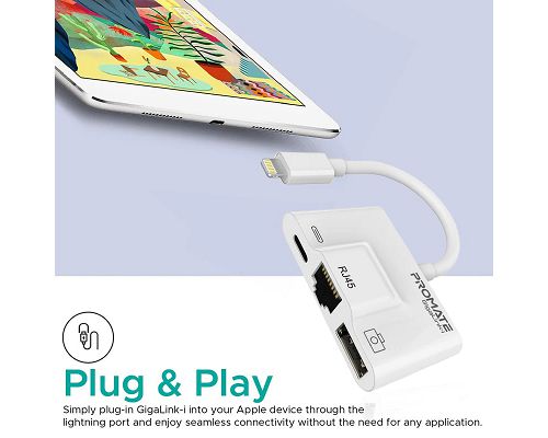 Adaptador PROMATE GigaLink-i Lightning a Lightning USB LAN 100Mbps