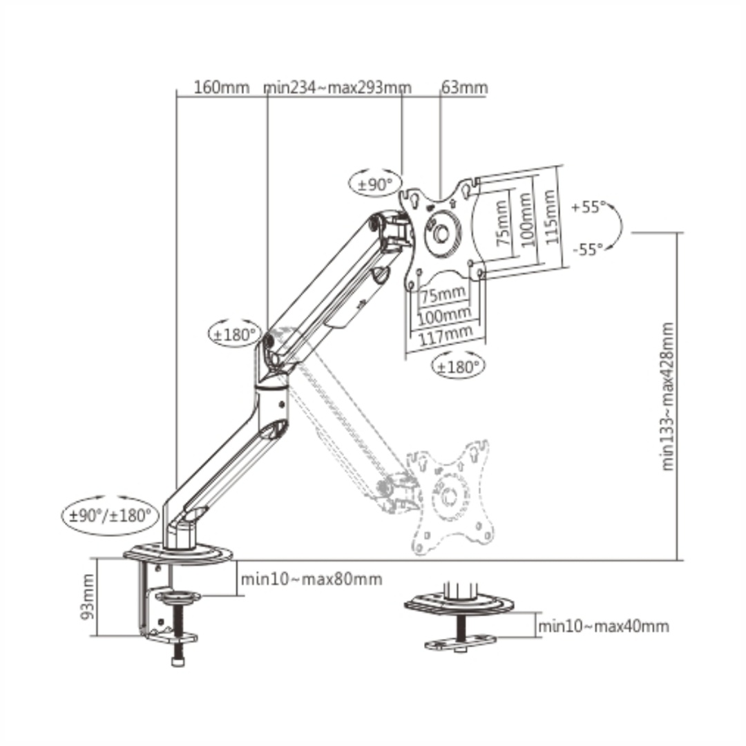 Soporte para Monitor Brateck LDT63-C012 con 1 Brazo Articulado hasta 32" o 9Kg