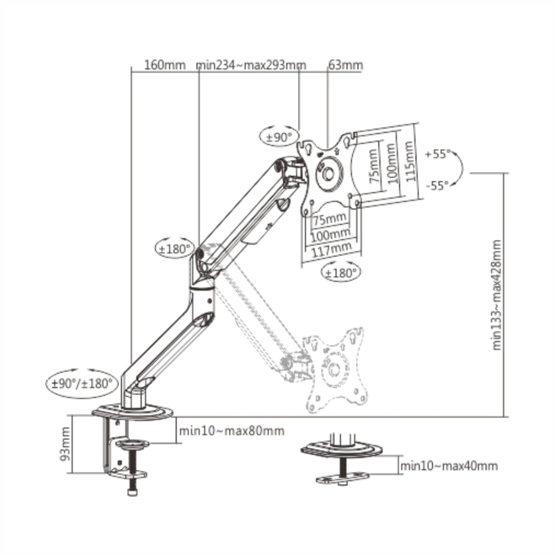 Soporte para Monitor Brateck LDT63-C012 con 1 Brazo Articulado hasta 32" o 9Kg