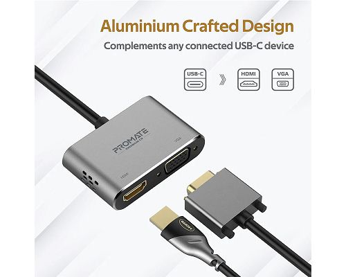 Adaptador PROMATE MediaHub-C2 USB-C a VGA HDMI 4K