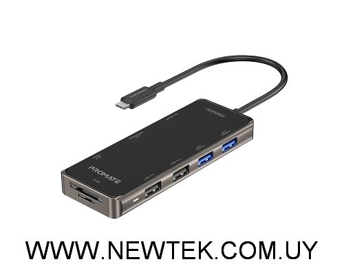Adaptador PROMATE PrimeHub-Go USB-C a USB USB-C SD microSD HDMI 4K LAN 1000Mbps