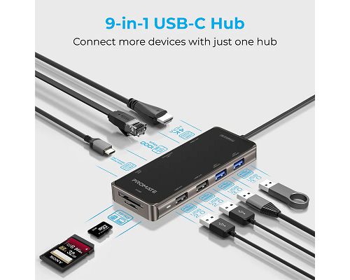 Adaptador PROMATE PrimeHub-Go USB-C a USB USB-C SD microSD HDMI 4K LAN 1000Mbps