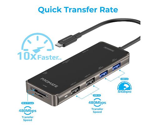 Adaptador PROMATE PrimeHub-Go USB-C a USB USB-C SD microSD HDMI 4K LAN 1000Mbps