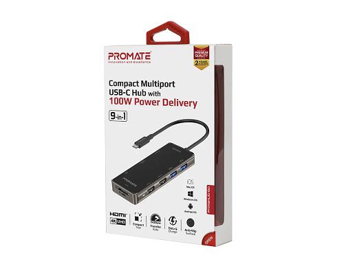 Adaptador PROMATE PrimeHub-Go USB-C a USB USB-C SD microSD HDMI 4K LAN 1000Mbps