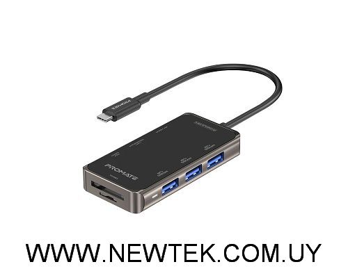 Adaptador PROMATE PrimeHub-Mini USB-C a USB HDMI LAN SD mSD PD 100W
