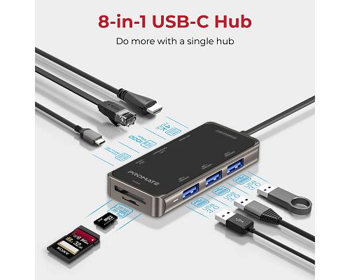 Adaptador PROMATE PrimeHub-Mini USB-C a USB HDMI LAN SD mSD PD 100W