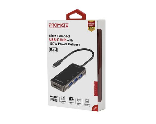 Adaptador PROMATE PrimeHub-Mini USB-C a USB HDMI LAN SD mSD PD 100W