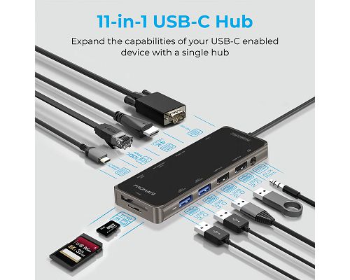 Adaptador PROMATE PrimeHub-Pro USB-C a USB/C SD mSD HDMI VGA Jack LAN 1000Mbps