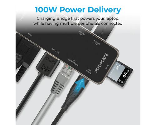 Adaptador PROMATE PrimeHub-Pro USB-C a USB/C SD mSD HDMI VGA Jack LAN 1000Mbps