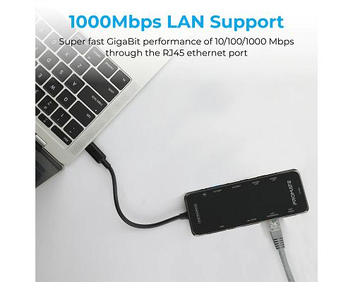Adaptador PROMATE PrimeHub-Pro USB-C a USB/C SD mSD HDMI VGA Jack LAN 1000Mbps