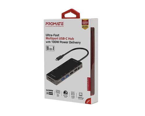 Adaptador PROMATE PrimeHub-Pro USB-C a USB/C SD mSD HDMI VGA Jack LAN 1000Mbps