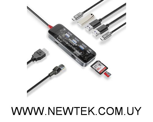 Adaptador Promate Hub TRANSHUB-GO 9 en 1 USB-C A USB-C USB-A HDMI SD RJ45 100W