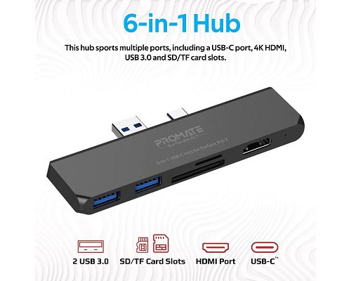 Adaptador PROMATE SurfaceHub-7 USB-C + Adaptador USB a USB-C USB HDMI SD microSD